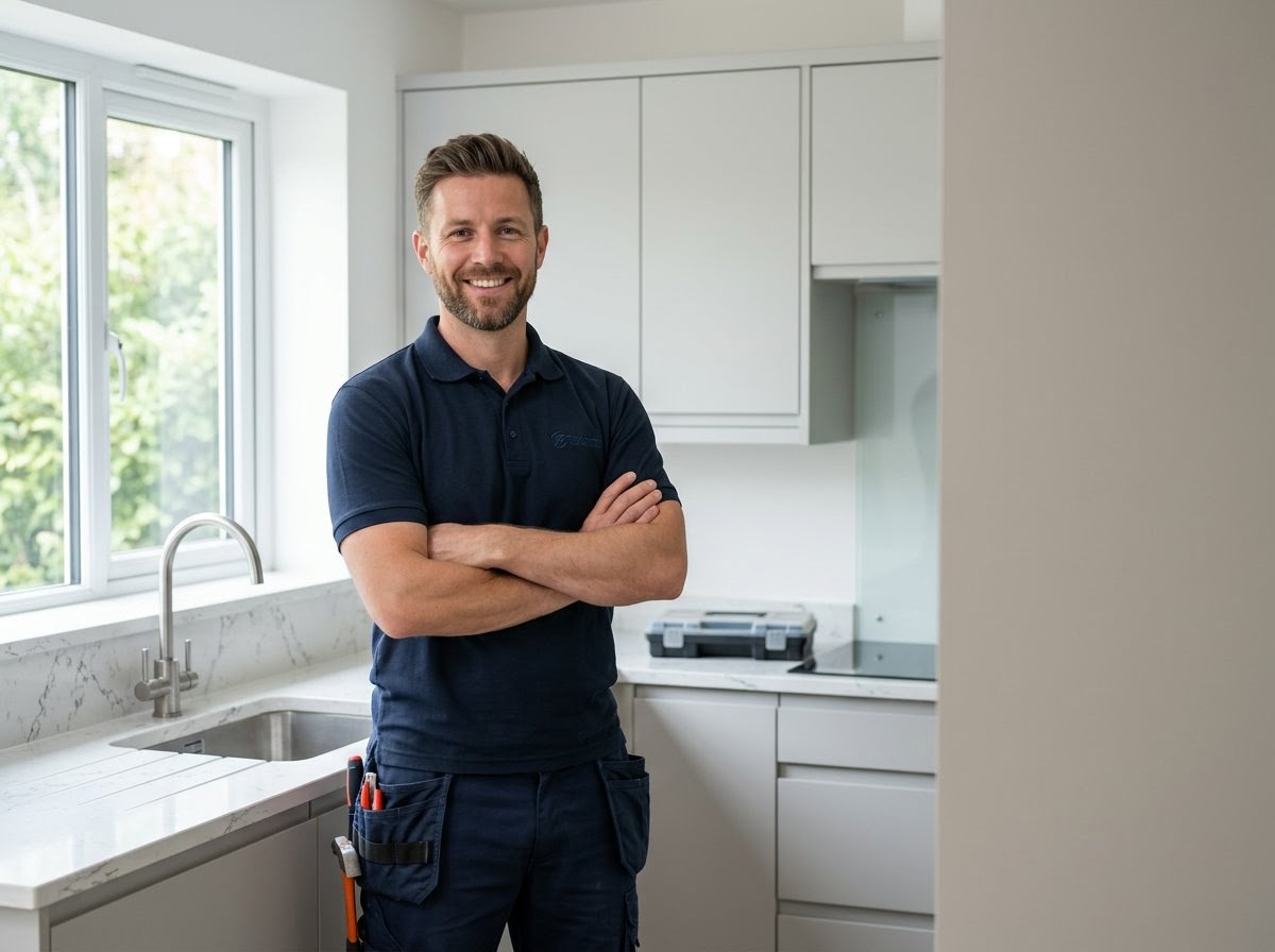 Een vriendelijke elektricien staat met de armen over elkaar in een moderne keuken.