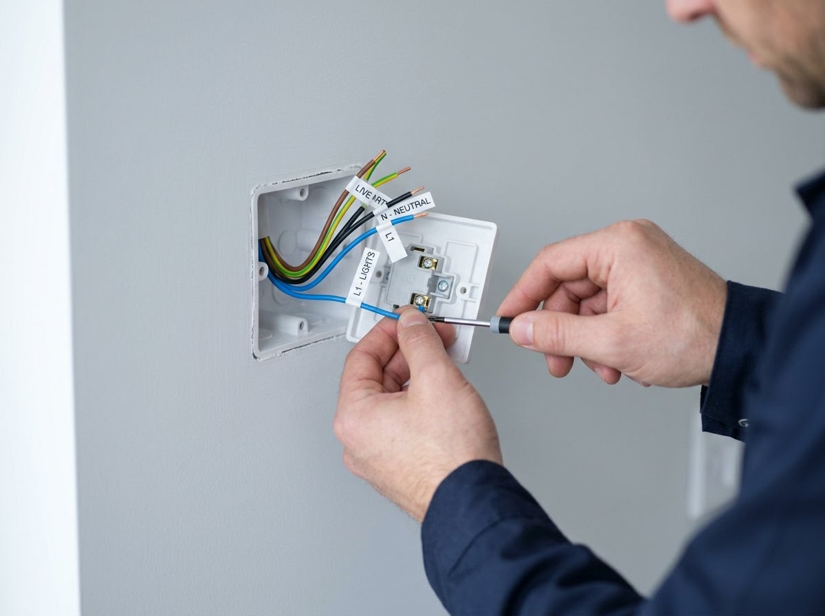 Een elektricien verbindt netjes gemonteerde bedrading in een wit wandstopcontact.