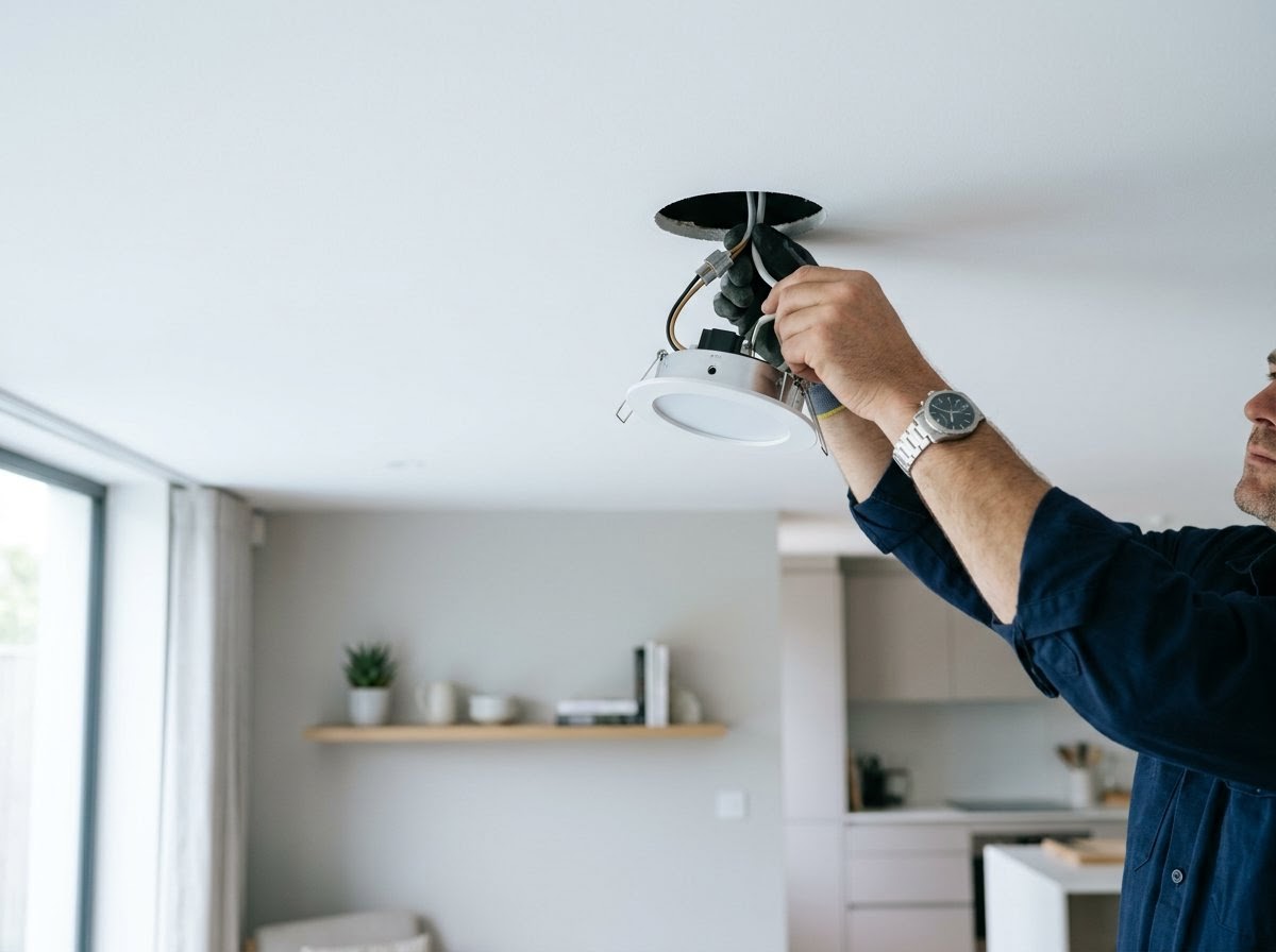 Een elektricien monteert een moderne LED-spot in een wit plafond.