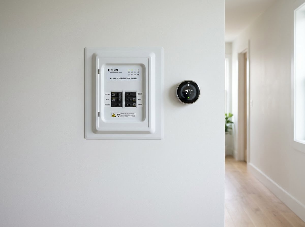 Een nette slimme woning- en thermostaatkast aan een lichte muur.
